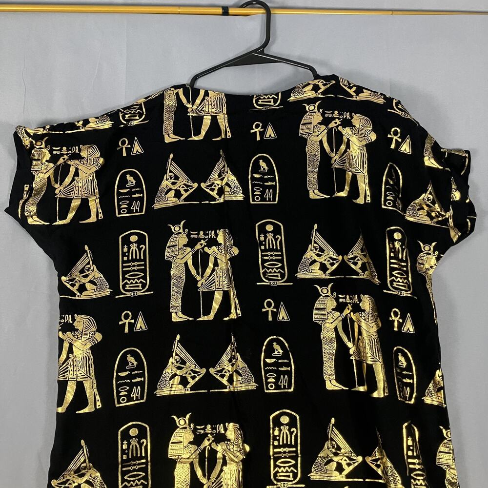Egyptian Print Dress Womens Large Black Gold V-Neck‎ Short Sleeve Ruffle Midi - Picture 11 of 11